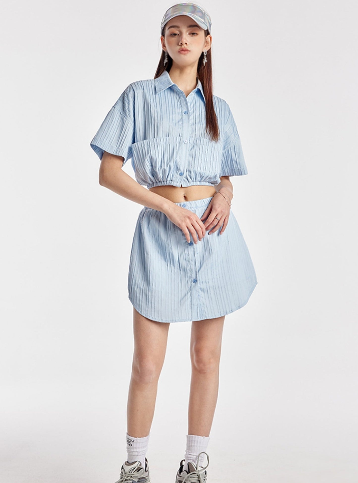 Sky Blue Elasticated Crop Shirt With Simple Skirt Set-Up