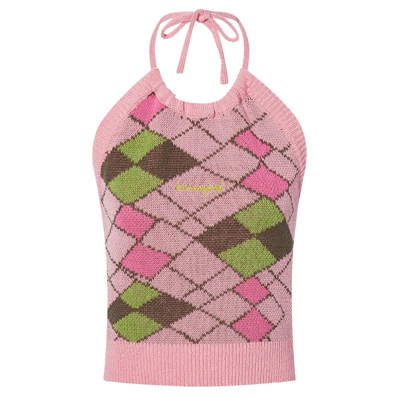 Adjustable Plaid Knit Halter Top