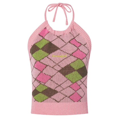Adjustable Plaid Knit Halter Top