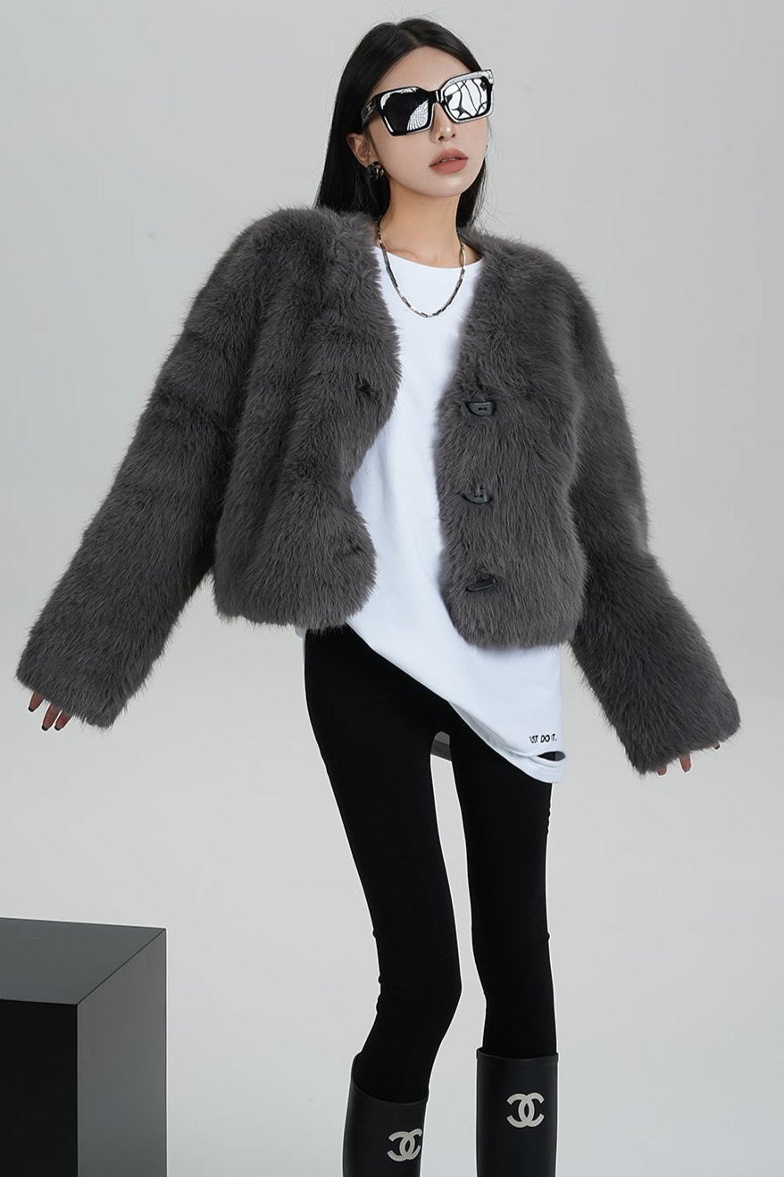 High-End Gray Eco-Friendly Fur Coat