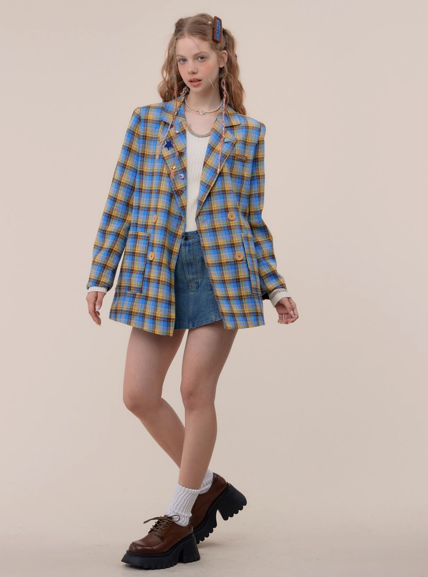 American vintage plaid casual blazer