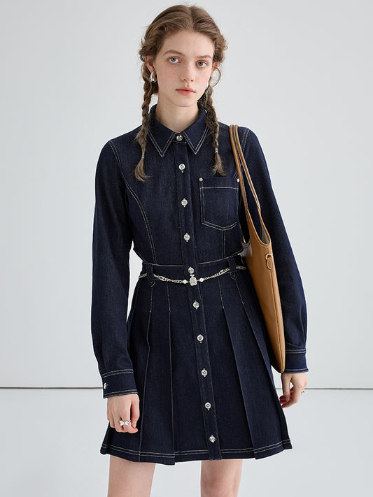 Back waist hollow dark blue denim dress