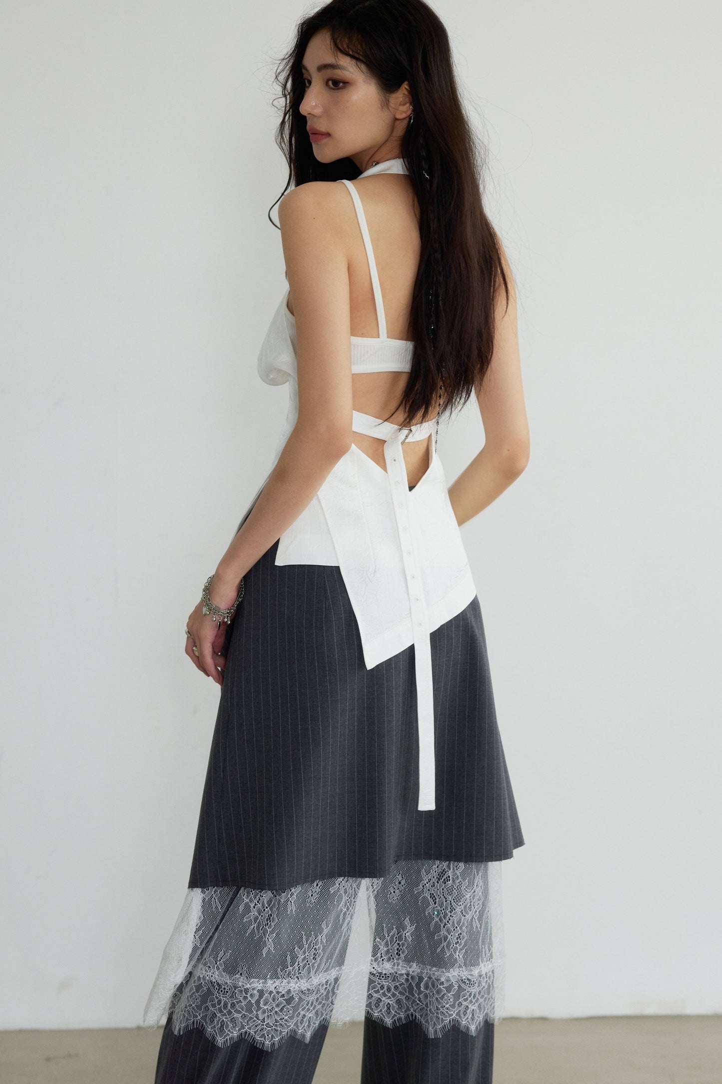 Gray Striped Sculptual Three-Piece Skirt Trousers