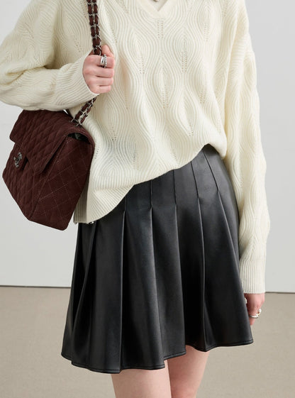 High-waisted A-line Pleated Leather Skirt