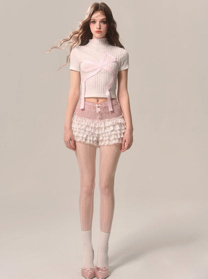 Weniger auch Auge Frühling Pfirsich Knospe rosa weiß Französisch Frühling Sommer neue Spitze A-Linie Kuchen Rock Ballett-Shorts