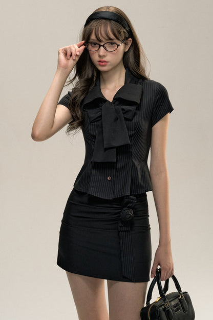 Black Striped College Bow Short Sleepe Top