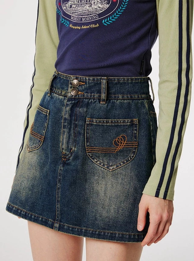 AMERICAN RETRO WAIST A-LINE SMALL DENIM SKIRT