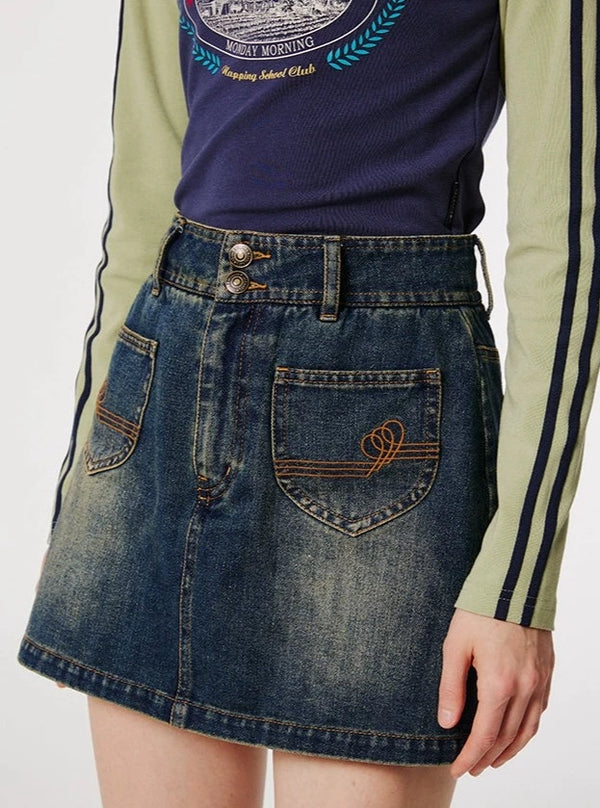 AMERICAN RETRO COLOR-BLOCKED DENIM JACKET & SKIRTS SETS