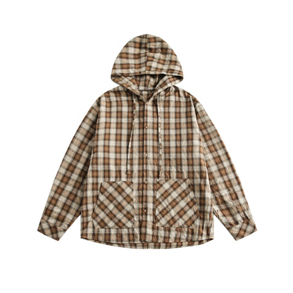 EZEK American Vintage Plaid Contrast Hooded Long Sleeve Shirt Women's Lace-up Loose Casual Shirt Slouchy Jacke