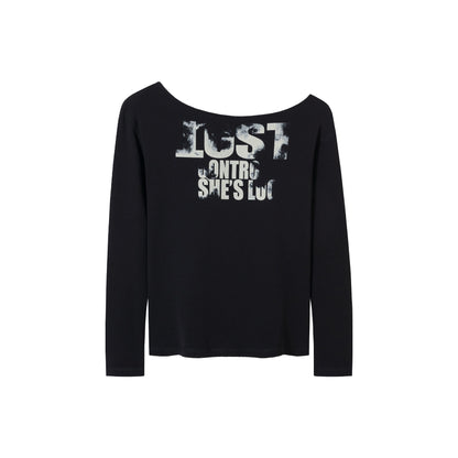 Monogram Print Off-Shoulder Slim T-Shirt