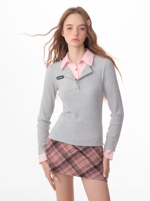 american retro leeve fake two-piece top