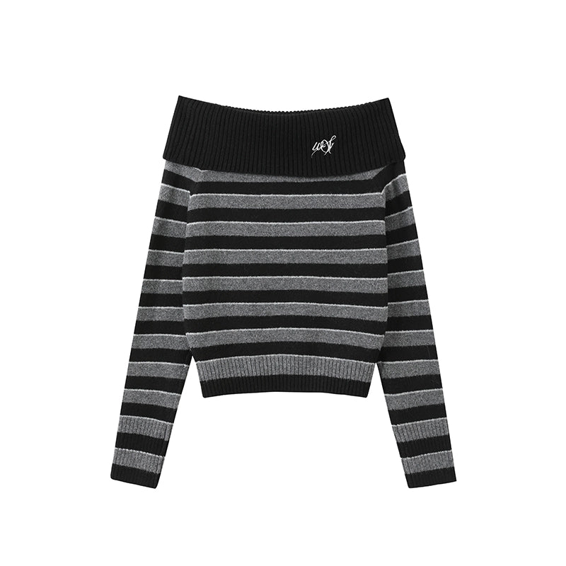 Lazy Striped One-Shoulder Sweater & Wide-Leg Pants Set-Up