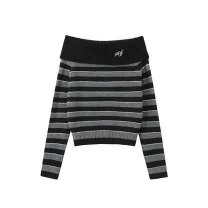 Lazy Striped One-Shoulder Sweater & Wide-Leg Pants Set-Up