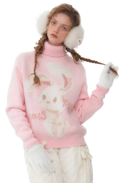 ziziFei autumn and winter American retro design high-quality plush rabbit soft and lazy pink turtleneck sweater woman