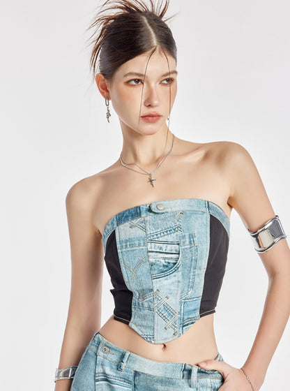 Slim Bandeau Babes Crop Denim Top