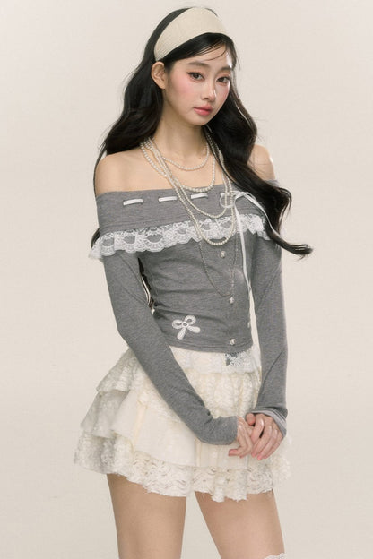 [September 26th 20 o'clock sale] less eye camellia rime one-shoulder lace long-sleeved T-shirt women's early autumn