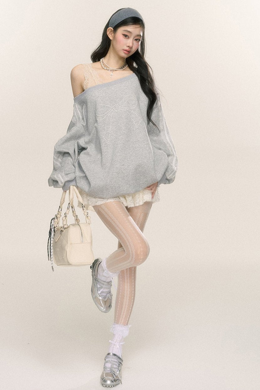 Slanted Shoulder Bow Loose Sweatshirt