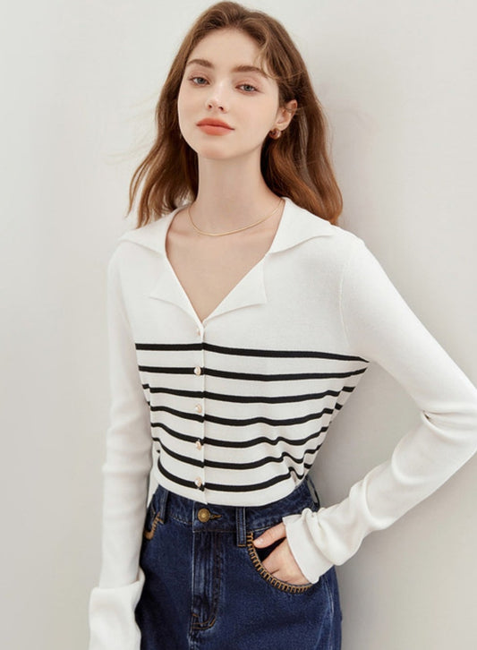 Lapel Striped Knitted Cardigan Top