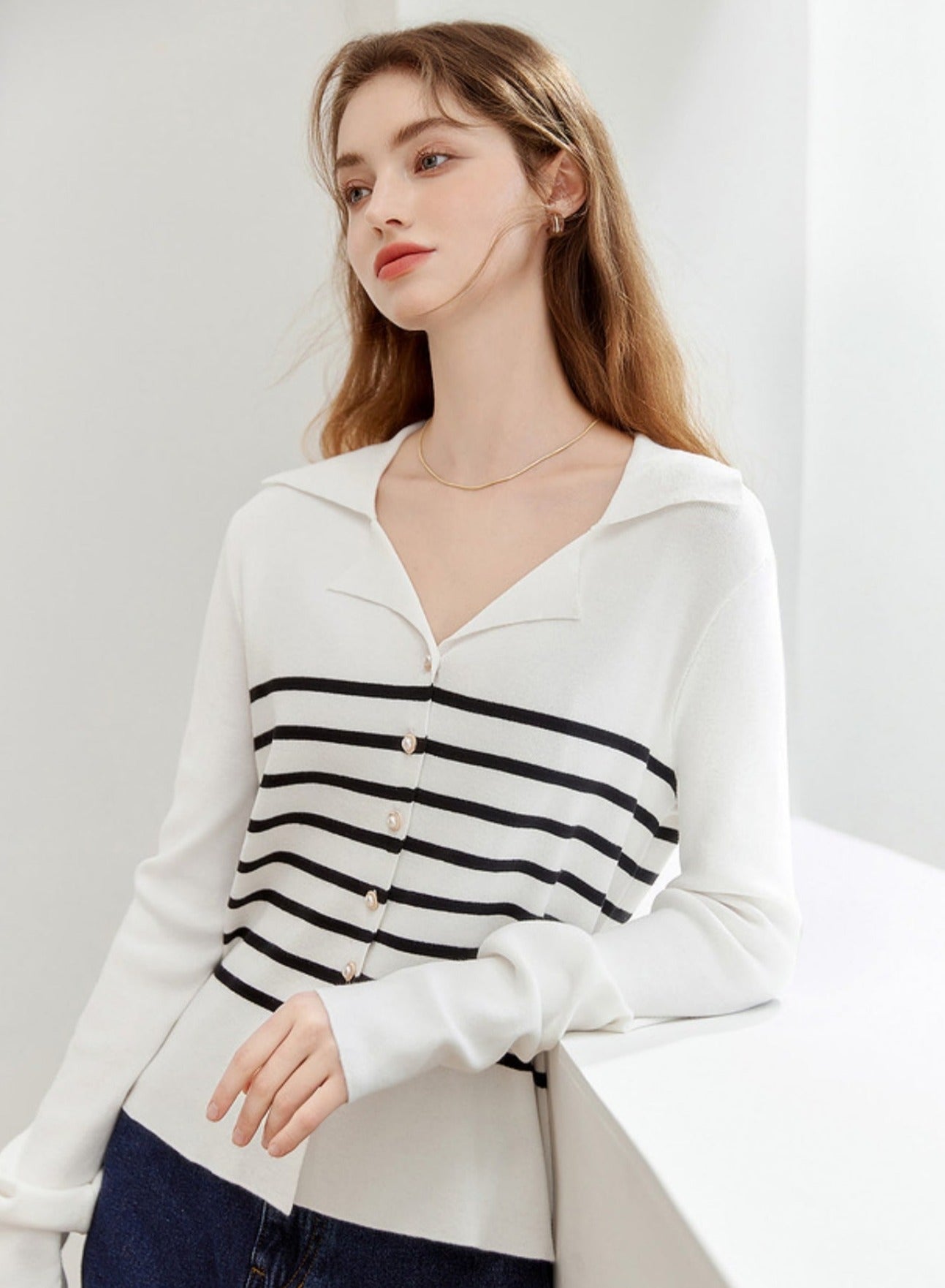 Lapel Striped Knitted Cardigan Top