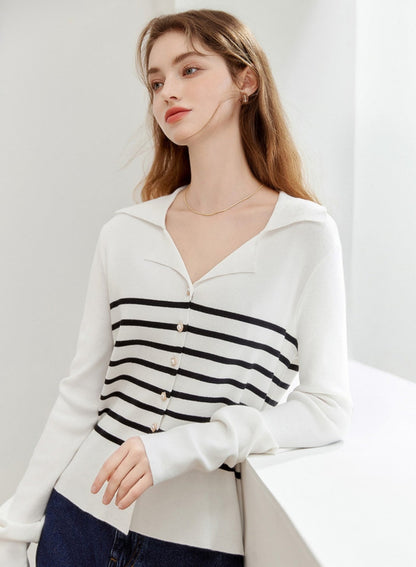 Lapel Striped Knitted Cardigan Top