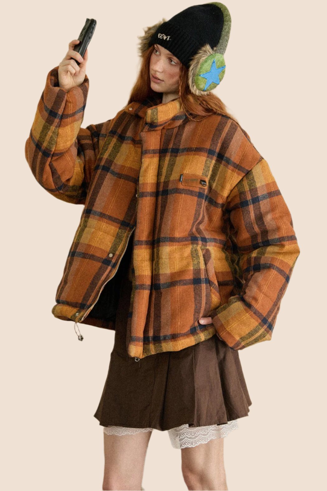 EZEK American Retro Plaid Stand Collar Down Cotton Jacket Women's Autumn and Winter New Loose Warm Bread Jacket Contrast Jacket