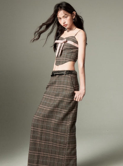 CHECKED SUSPENDER WITH LONG SKIRT SET