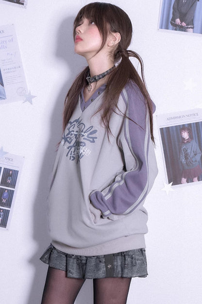 Gray Purple Loose Hooded Sweatshirt