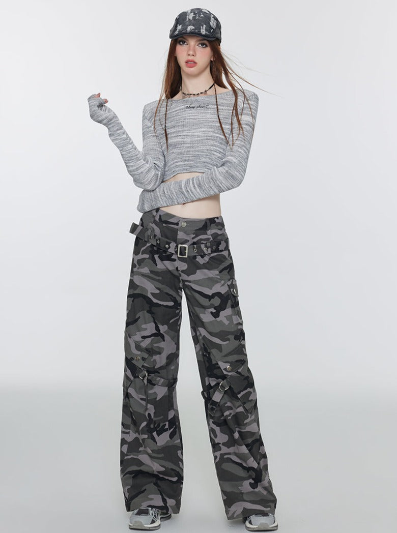 Straight-leg loose camouflage cargo pants