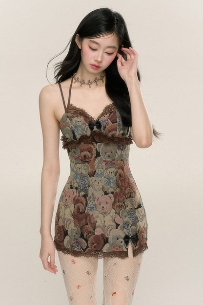 [September 26th 20 o'clock sale] less eye oil painting bear A-line sexy slip dress women's early autumn