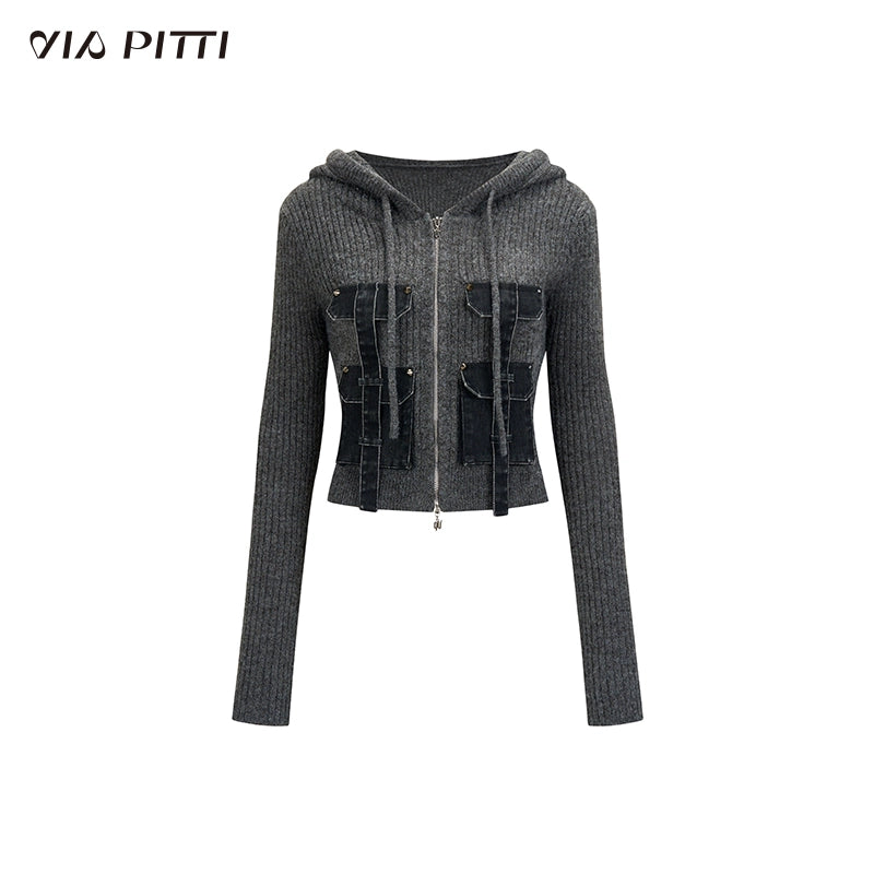 Patchwork hooded knitted top