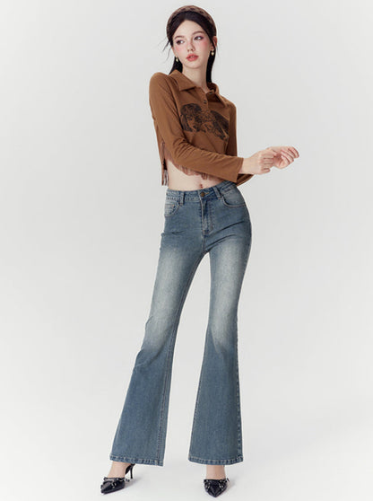 Hohe Taille Slim Fit Flare Jeans Hosen