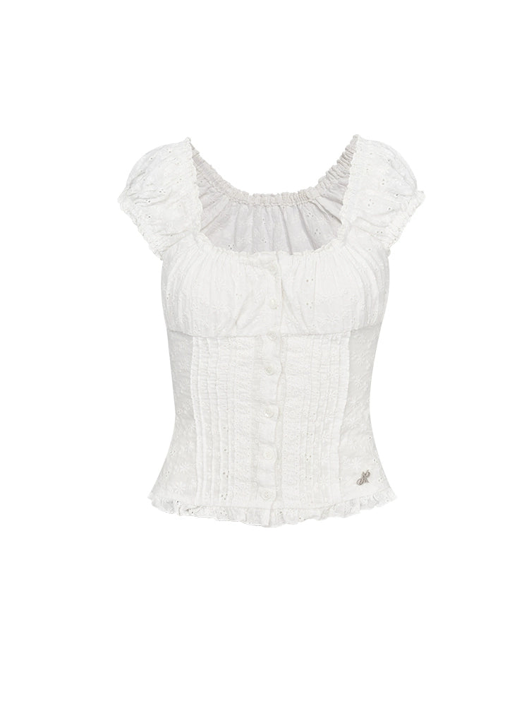 Vintage Cut-Out Lace Puff Sleeve Top