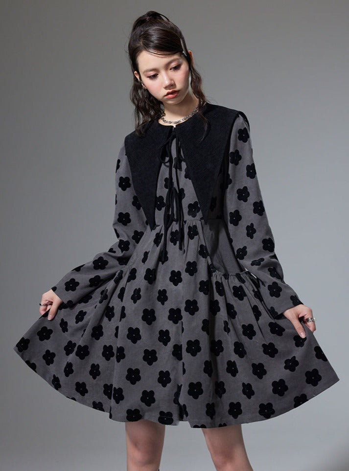 Lapel Waist Flocking Flower Black Dress