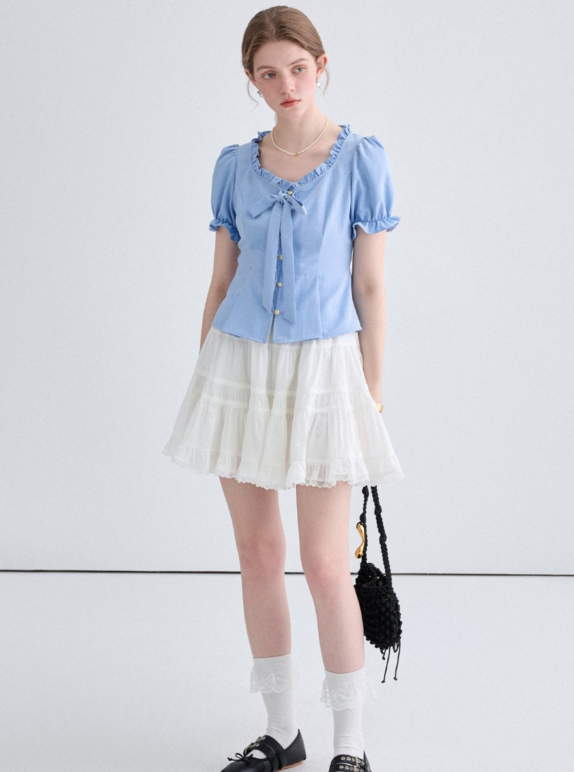 Lace Collar Bow Puff Sleeve Shirt