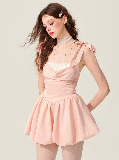 Weniger Auge Toffee besondere rosa Tupfen Kleid Frauen Sommer Design Sinn Sommerkleid Französisch süßen Tutu-Rock