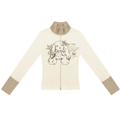 Fur Collar Zipper Rabbit Print Turtleneck Knitted Top