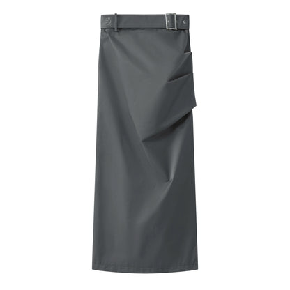 Shirred satin long pleated skirt