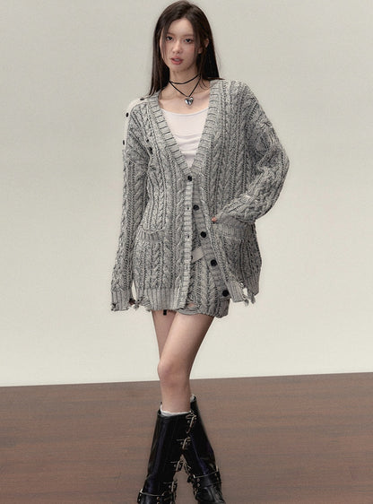 Midi slouchy knitted cardigan with skirt set