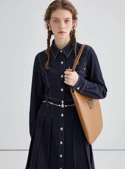 Back waist hollow dark blue denim dress