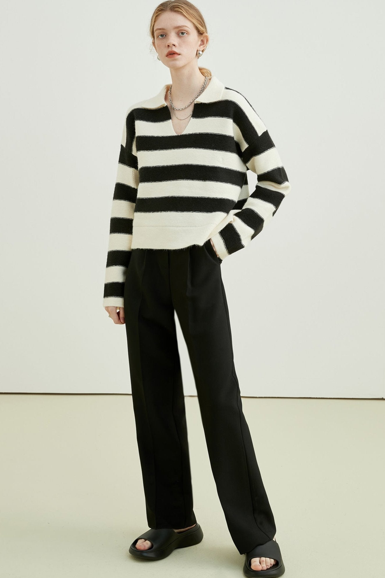 Striped Polo Collar Knit Sweater