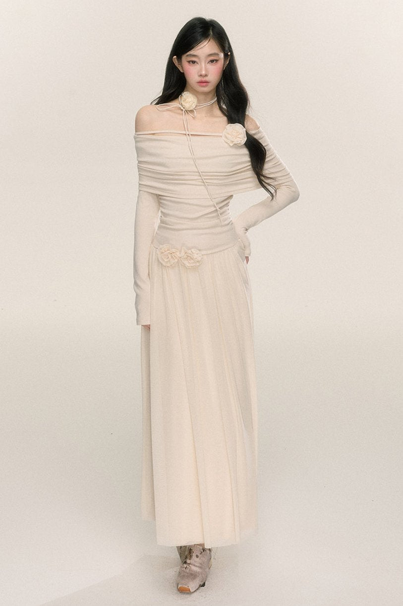 Long-Sleeve One-Shoulder Maxi Dress