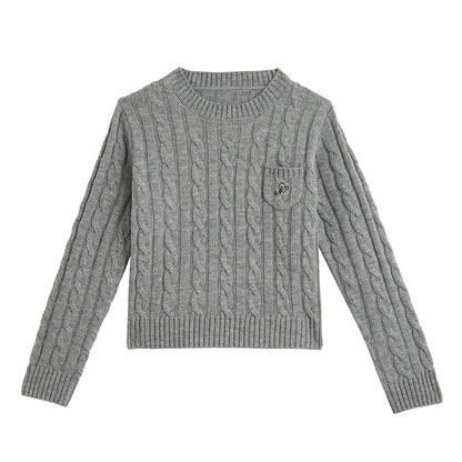 American retro pocket knitted twist sweater tops