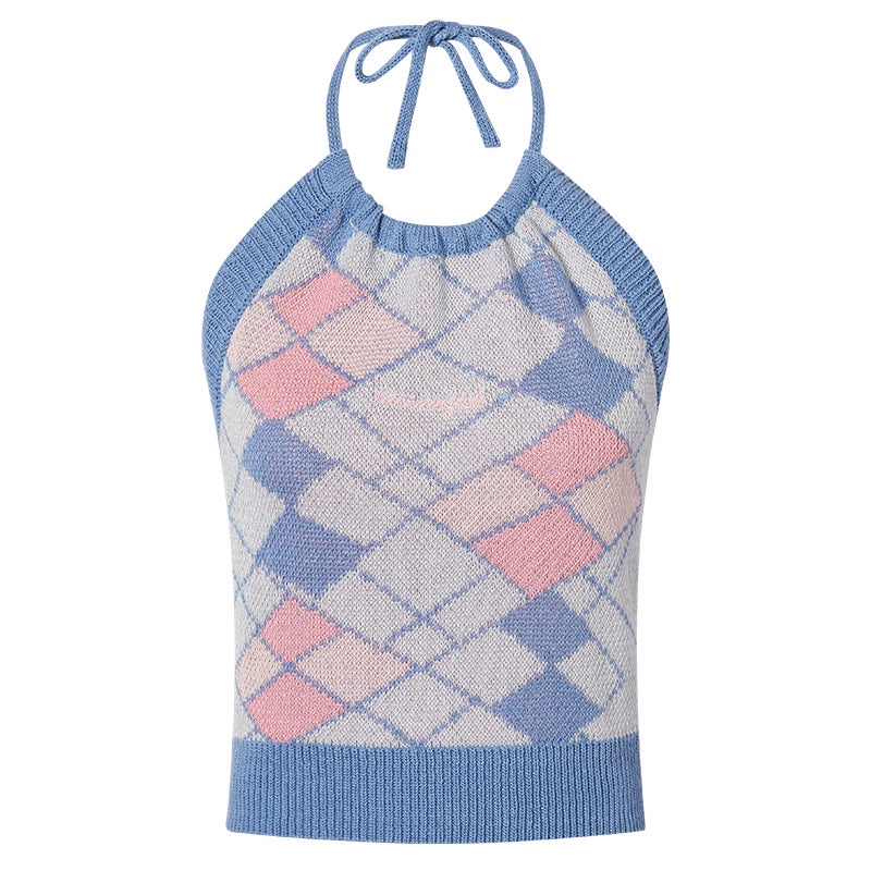 Adjustable Plaid Knit Halter Top