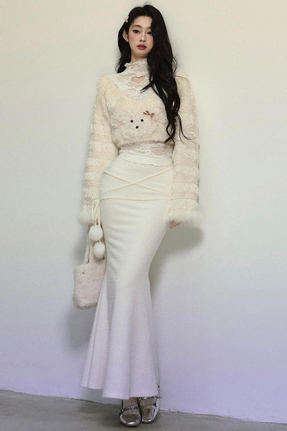 Plush Lace Short Sweater & Fishtail Skirt Set-Up