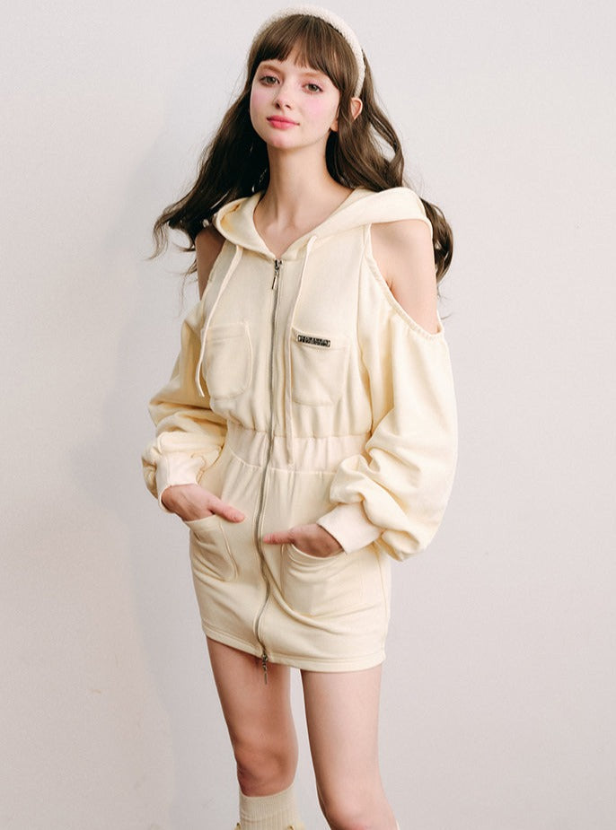 hooded long sleeve cut-out dress