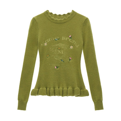 Flower Embroidery Round Neck Sweater