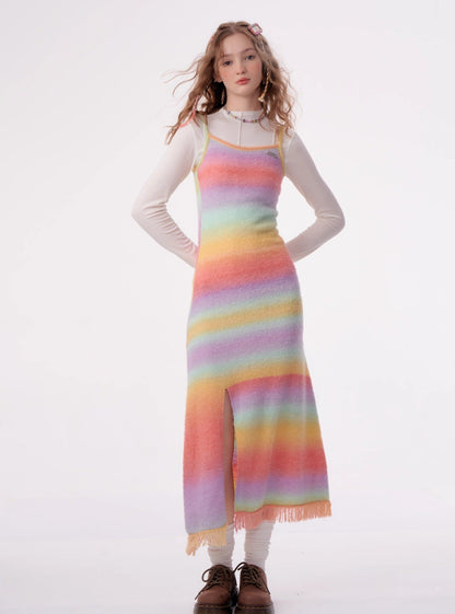 American retro slim rainbow knit bottom long Dress