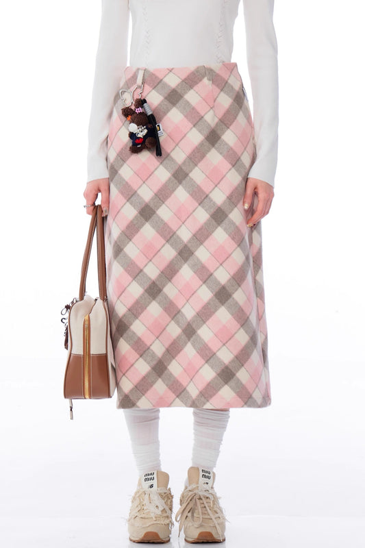 Pink Gray Check Woolen Skirt