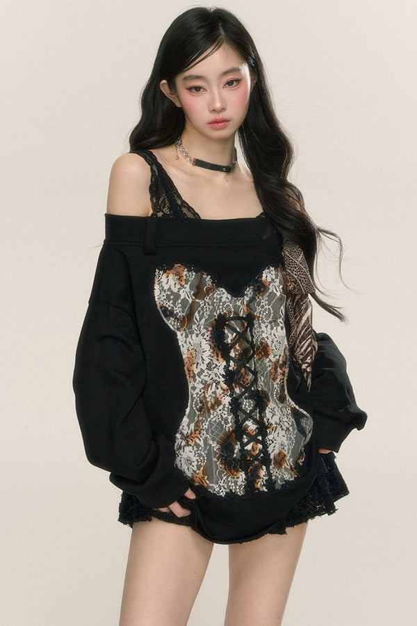 Paris Pictorial One-Shoulder Lace Sweatshirt Set