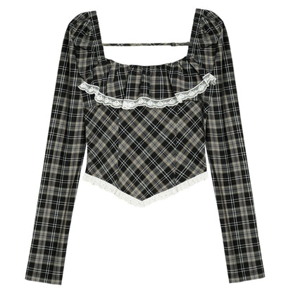 Square Neck Checkered Long-sleeved Shirt